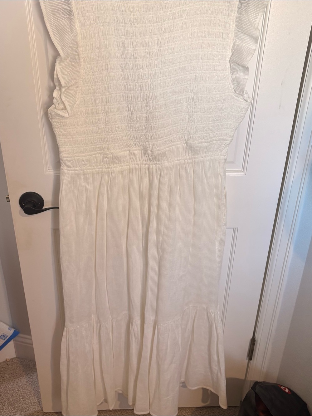 Quince Textured Cotton Smocked V-Neck Midi Dress White Summery - Picture 9 of 14
